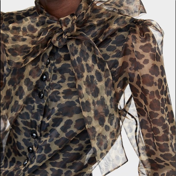 Zara ANIMAL PRINT Semi-Sheer BLOUSE W/TIE Neck LEOPARD CHEETAH BROWN/BLACK NEW - Picture 6 of 8